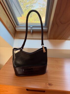 Brighton Black Leather Shoulder Bag with Dark Brown Croc-Trim